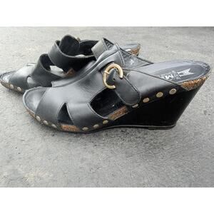 Mephisto Black Leather Wedge Sandals Womens Size 37 Us 7 Studded Open Toe Buckle